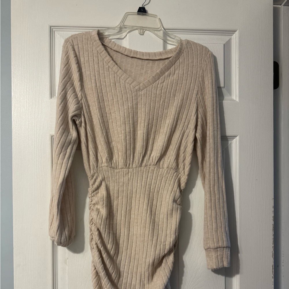 & Other Stories Cream Long Sleeve Ribbed Dress